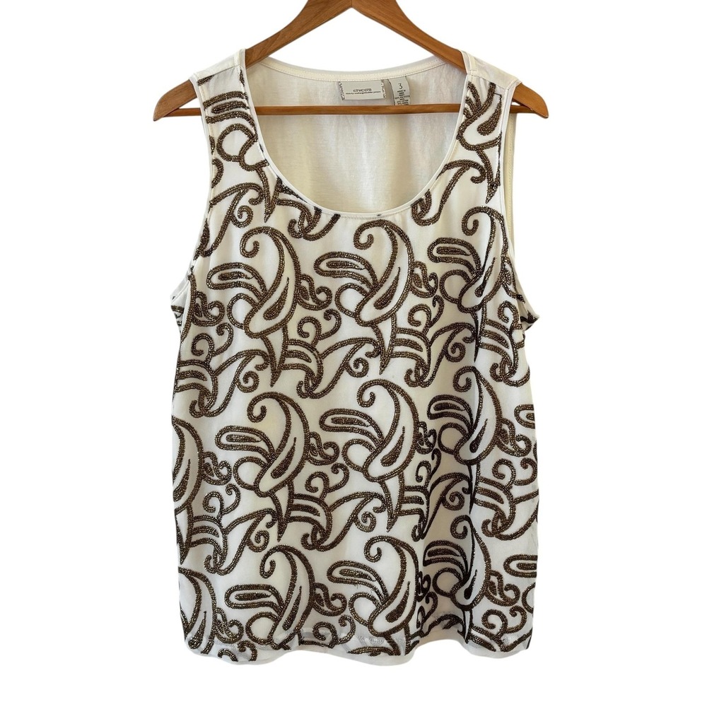 Chicos‎ Sequin Paisley Tank Top Womens Size 3/XL White Party Cocktail Dressy NWT